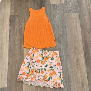 Orange Knit Top and Floral Skirt Set